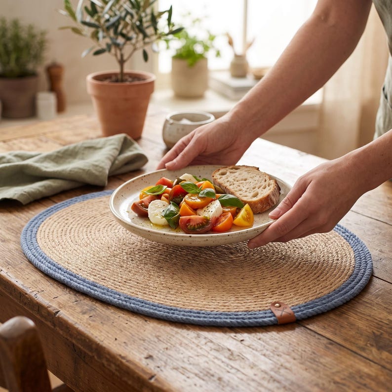 Hand placing a dish onto a denim blue striped oval jute placemat, showing it in real table use.