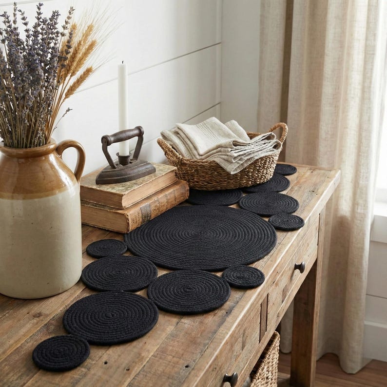 May include: Vintage farmhouse console table styled with a handmade black cotton runner featuring interconnected round braided patterns. The rustic home decor includes a ceramic vase with dried lavender, a woven basket, and an antique iron for a charming entryway look.