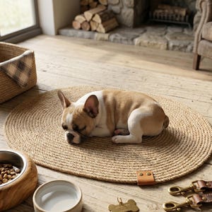 Handmade 100% natural jute dog bowl mat on a rustic light wood floor. This fringeless, hand-stitched placemat features a premium genuine leather tag and serves as a stylish, durable feeding station for dogs. The organic woven texture protects floors from food and water spills while providing a rustic, farmhouse aesthetic that blends seamlessly with modern pet home decor. Perfect for sustainable pet owners looking for functional and aesthetic dining solutions for their furry friends.