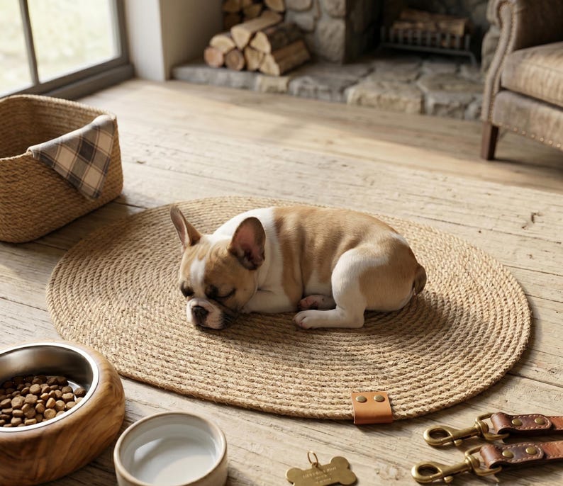 Handmade 100% natural jute dog bowl mat on a rustic light wood floor. This fringeless, hand-stitched placemat features a premium genuine leather tag and serves as a stylish, durable feeding station for dogs. The organic woven texture protects floors from food and water spills while providing a rustic, farmhouse aesthetic that blends seamlessly with modern pet home decor. Perfect for sustainable pet owners looking for functional and aesthetic dining solutions for their furry friends.