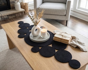 Handmade Black Jute Table Runner, Round Rope Centerpiece, Modern Farmhouse Dining Accent