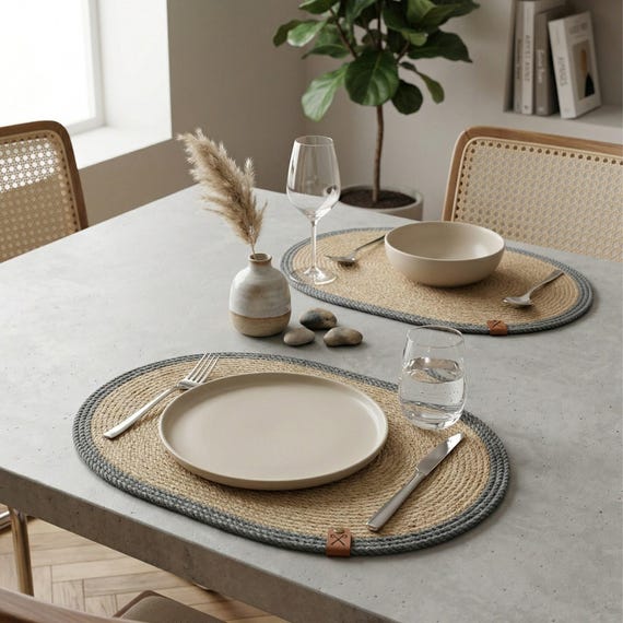 Ovale Jute-Tischsets mit grauem Rand, natürliches Scandi-Essdekor, gewebte Tischsets