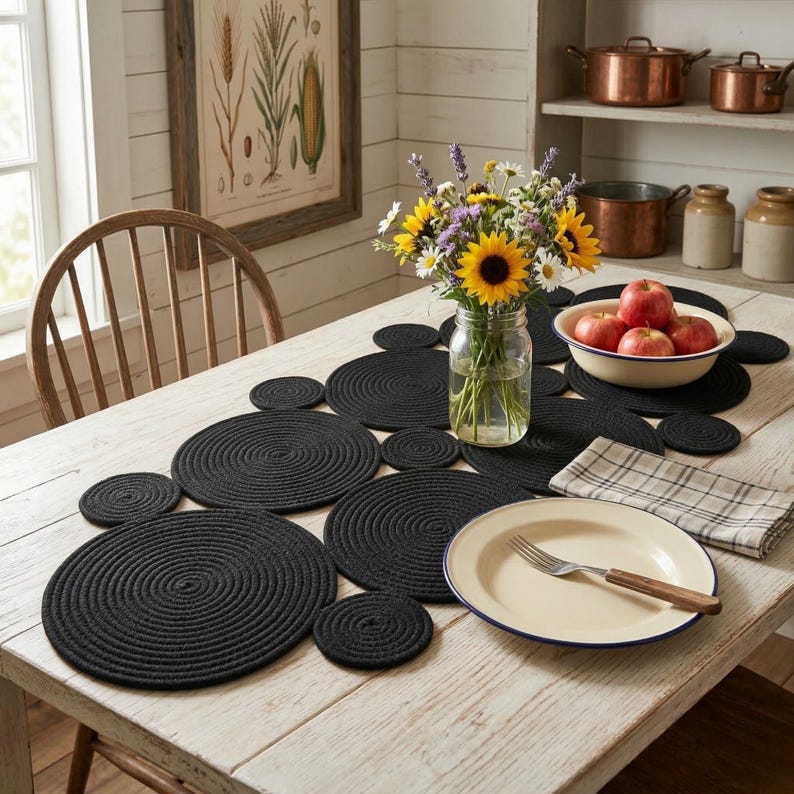 Black Cotton Rope Table Runner, Modern Farmhouse Dining Decor, Coiled ...