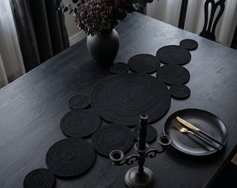 Black Gothic Table Centerpiece, Dark Academia Dining Decor, Cotton Rope Runner, Moody Home Accent