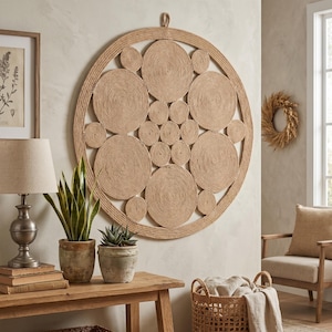 May include: A large circular wall hanging constructed from coiled natural tan rope, featuring a geometric arrangement of various sized rope circles enclosed within a thick rope frame, with a small loop at the top for hanging purposes.