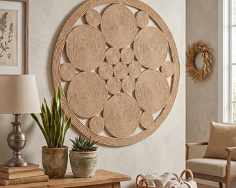 Large Round Jute Wall Art, Woven Mandala Boho Wall Hanging, Modern Farmhouse Japandi Decor