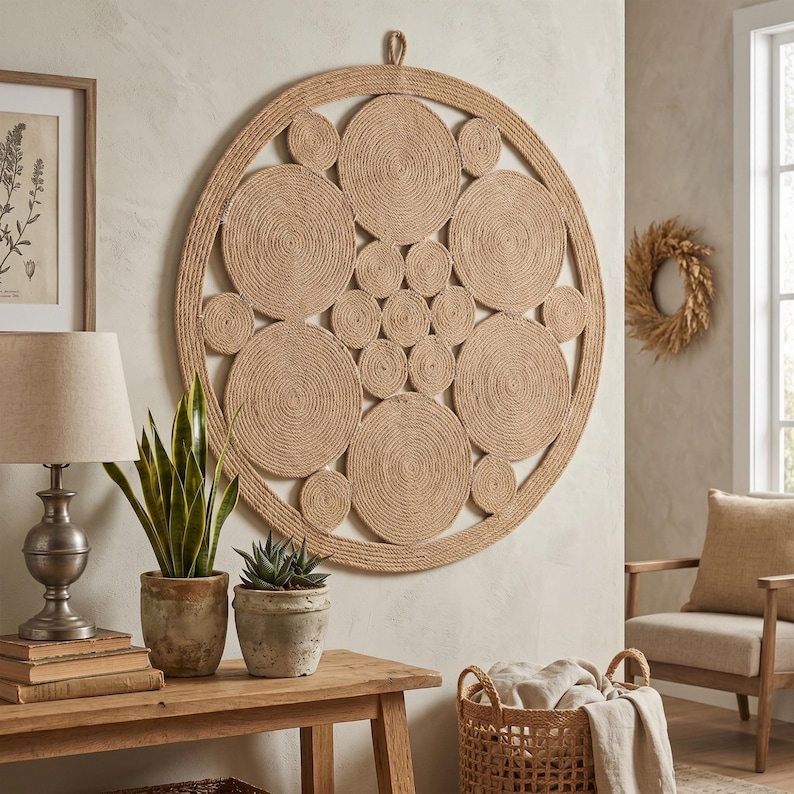 Large round jute wall art of coiled discs inside a woven ring, hung on a plaster wall above a wooden console with potted plants, books and a table lamp
