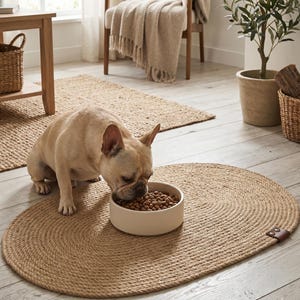 Handmade 100% natural jute dog bowl mat on a rustic light wood floor. This fringeless, hand-stitched placemat features a premium genuine leather tag and serves as a stylish, durable feeding station for dogs. The organic woven texture protects floors from food and water spills while providing a rustic, farmhouse aesthetic that blends seamlessly with modern pet home decor. Perfect for sustainable pet owners looking for functional and aesthetic dining solutions for their furry friends.
