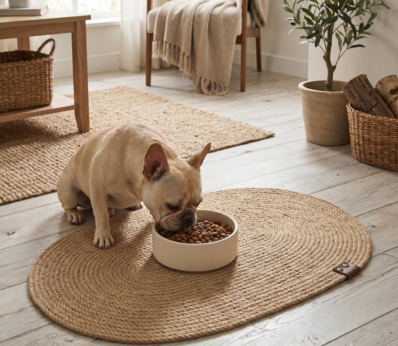 Handmade 100% natural jute dog bowl mat on a rustic light wood floor. This fringeless, hand-stitched placemat features a premium genuine leather tag and serves as a stylish, durable feeding station for dogs. The organic woven texture protects floors from food and water spills while providing a rustic, farmhouse aesthetic that blends seamlessly with modern pet home decor. Perfect for sustainable pet owners looking for functional and aesthetic dining solutions for their furry friends.
