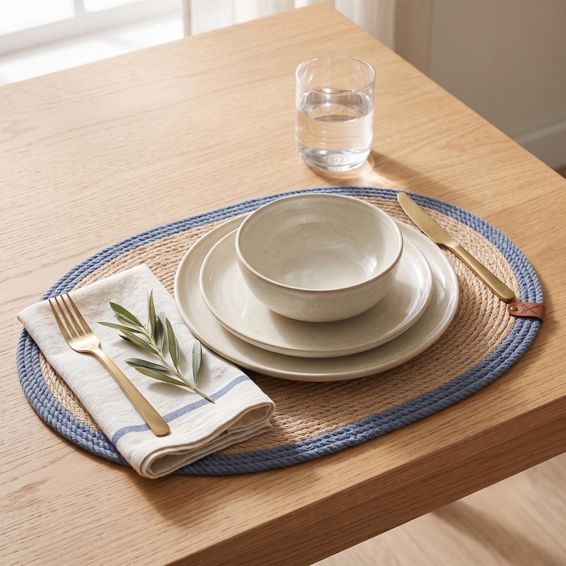 Single oval jute placemat with a blue stripe border on a pale oak table, set with a stoneware bowl and plate, a linen napkin with gold cutlery and an olive sprig