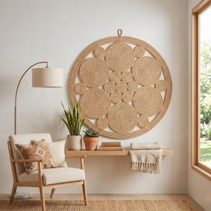 Woven jute wall art on a white wall above a slim wooden shelf, with an arc floor lamp, cream armchair and patterned cushion on a jute rug