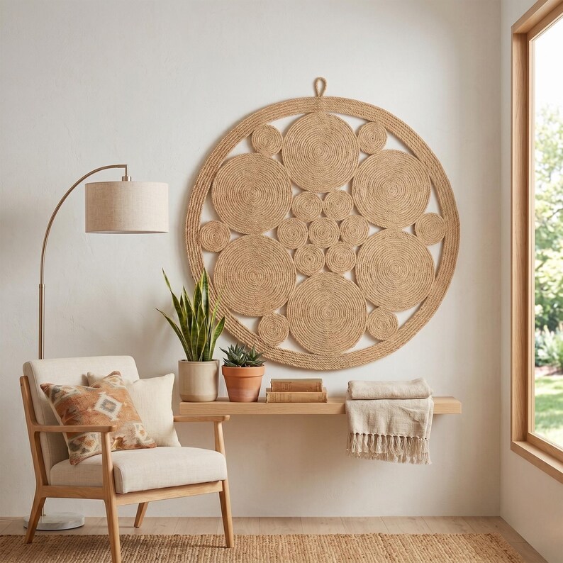Woven jute wall art on a white wall above a slim wooden shelf, with an arc floor lamp, cream armchair and patterned cushion on a jute rug