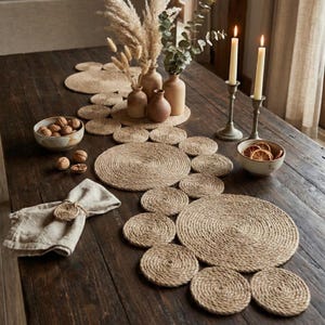 Op de afbeelding: Een rustieke eettafel met een tafelloper en onderzetters van geweven jute. De tafel is versierd met decoratieve vazen, kaarsen, een kom met walnoten en een linnen servet. De natuurlijke tinten creëren een warme sfeer.