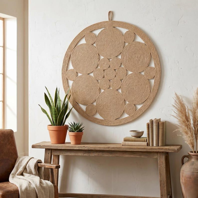 Round jute wall art on a white plaster wall above a weathered console with terracotta pots, a snake plant, stacked books and a leather armchair