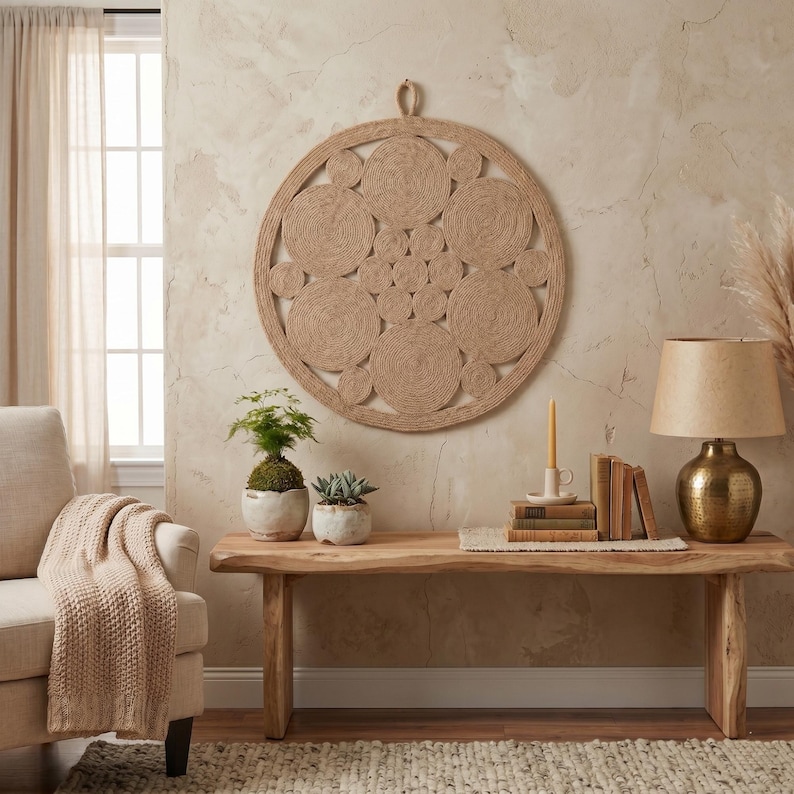Jute mandala wall hanging on a textured plaster wall above a live edge wood bench with a bonsai, candle, stacked books and a brass lamp