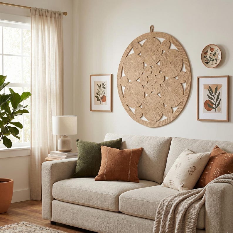 Round jute wall hanging in a living room above a cream sofa with olive and rust cushions, flanked by small botanical prints and a fiddle leaf fig