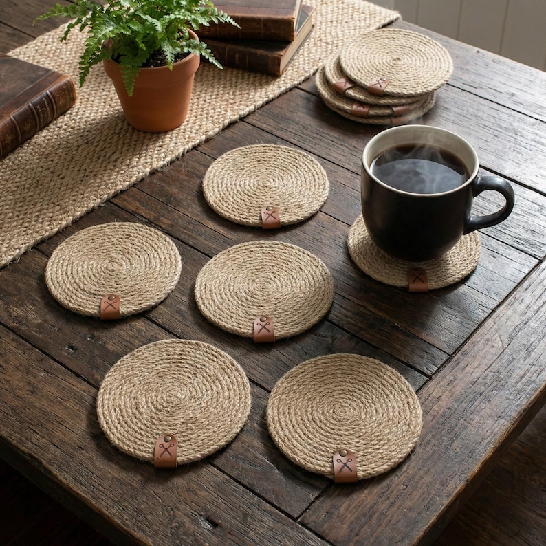 Six round jute rope coasters with faux leather tags spread across a dark reclaimed wood table with a jute runner, a fern in a terracotta pot, antique books and a black mug of coffee, with a stack of spare coasters behind