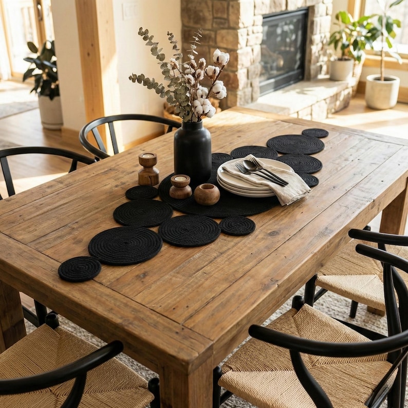 May include: Handmade black cotton table runner featuring an interconnected circular braided design with beautifully tapered ends, known as the Pointy model. Styled as a modern farmhouse centerpiece on a light natural wood dining table with a black vase and minimalist plates, creating a striking contrast for boho dining room decor.