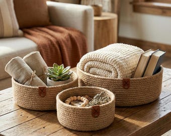 Handmade Jute Nesting Basket Set, Boho Organizer Bowls