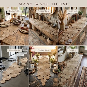 Six ways to use it. Long jute table runner with tapered ends shown on a dining table, a console table, a sideboard, a kitchen island, an outdoor table and an entryway. One piece, many places in the home.