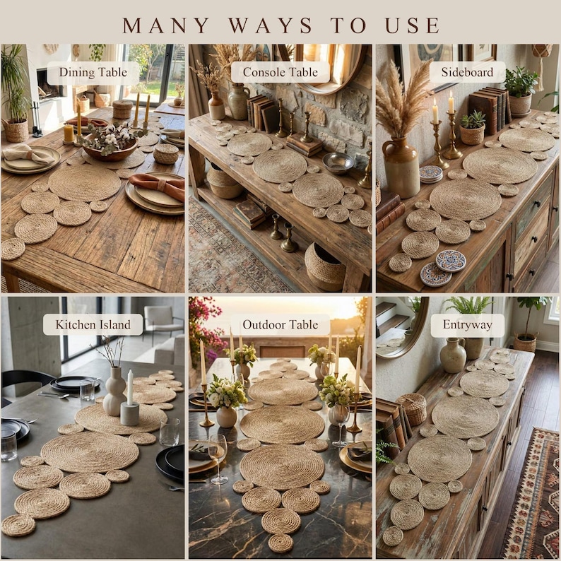 Six ways to use it. Long jute table runner with tapered ends shown on a dining table, a console table, a sideboard, a kitchen island, an outdoor table and an entryway. One piece, many places in the home.