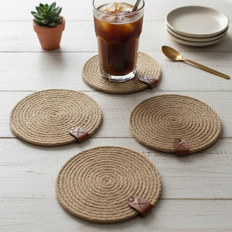 Four round jute coasters with faux leather tags on whitewashed planks, with a tall glass of iced coffee, a succulent in a terracotta pot, a stack of white plates and a gold spoon