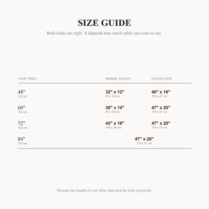 Size guide chart for the Black Cotton Rope Table Runner: find your table length, then choose a minimal accent or a fuller look. 5 sizes from 32" x 12" to 47" x 20". Both looks are right.