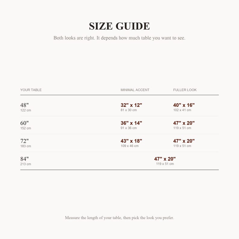 Size guide chart for the Black Cotton Rope Table Runner: find your table length, then choose a minimal accent or a fuller look. 5 sizes from 32" x 12" to 47" x 20". Both looks are right.