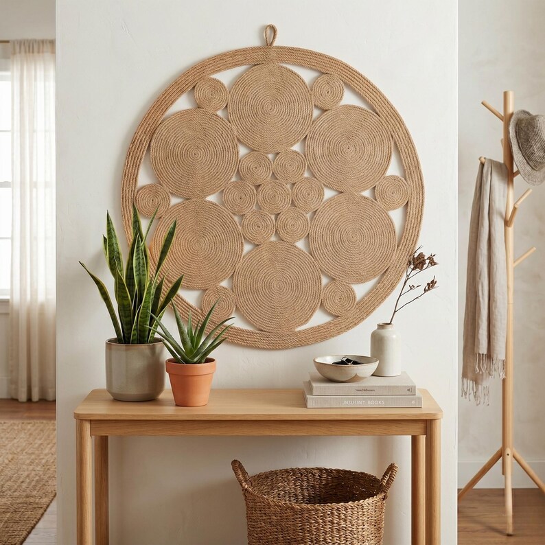 Large jute wall art above a light oak console with snake plants, a ceramic vase of dried stems, books and a woven basket beside a wooden coat stand