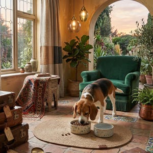 Handmade 100% natural jute dog bowl mat on a rustic light wood floor. This fringeless, hand-stitched placemat features a premium genuine leather tag and serves as a stylish, durable feeding station for dogs. The organic woven texture protects floors from food and water spills while providing a rustic, farmhouse aesthetic that blends seamlessly with modern pet home decor. Perfect for sustainable pet owners looking for functional and aesthetic dining solutions for their furry friends.