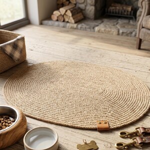 Handmade 100% natural jute dog bowl mat on a rustic light wood floor. This fringeless, hand-stitched placemat features a premium genuine leather tag and serves as a stylish, durable feeding station for dogs. The organic woven texture protects floors from food and water spills while providing a rustic, farmhouse aesthetic that blends seamlessly with modern pet home decor. Perfect for sustainable pet owners looking for functional and aesthetic dining solutions for their furry friends.
