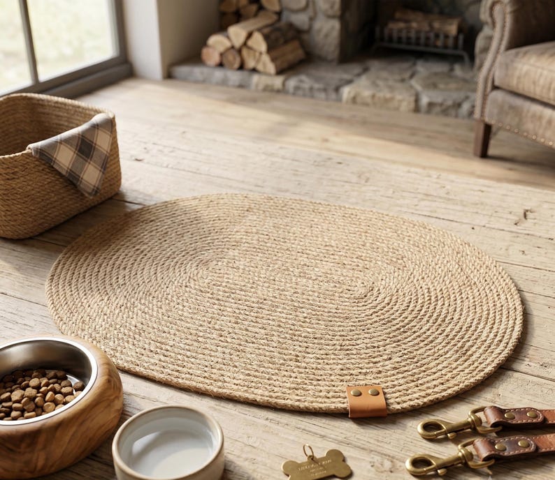 Handmade 100% natural jute dog bowl mat on a rustic light wood floor. This fringeless, hand-stitched placemat features a premium genuine leather tag and serves as a stylish, durable feeding station for dogs. The organic woven texture protects floors from food and water spills while providing a rustic, farmhouse aesthetic that blends seamlessly with modern pet home decor. Perfect for sustainable pet owners looking for functional and aesthetic dining solutions for their furry friends.