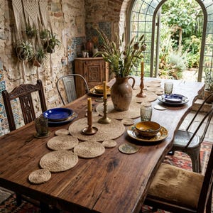 Boho conservatory dining room with a jute disc table runner down a dark wood table, blue and mustard plates, brass candlesticks and a stoneware pitcher of dried flowers