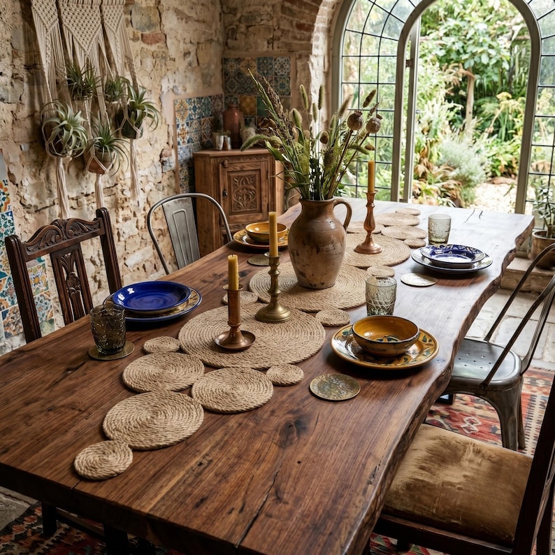 Boho conservatory dining room with a jute disc table runner down a dark wood table, blue and mustard plates, brass candlesticks and a stoneware pitcher of dried flowers