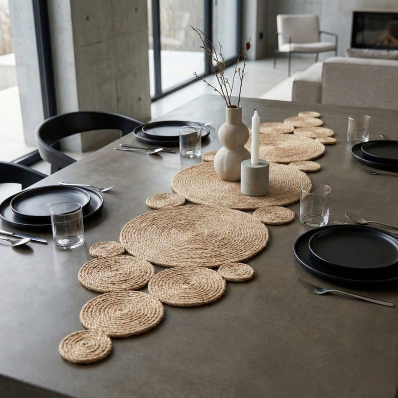Modern concrete dining table with a jute disc runner, matte black plates, clear glasses and a pale sculptural vase against floor to ceiling windows