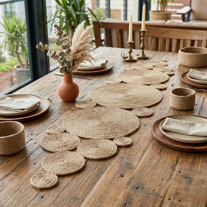 Reclaimed wood table beside tall windows with a jute disc runner, a terracotta vase of eucalyptus, brass candlesticks and woven napkin rings