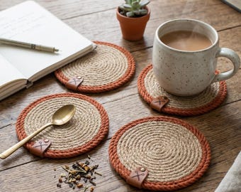 Organic Jute Terracotta Trim Coaster Set, Jute Succulent Plant Mat, Round Candle Pad