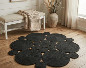 Czarny bawełniany dywanik linowy, abstrakcyjny wzór kwiatowy, szyty ręcznie, trwały, nowoczesny dywan w stylu boho