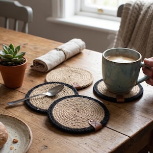 May include: A set of round coasters made from coiled natural jute rope with a thick black rope border. Each coaster features a small brown leather tab embossed with a pair of scissors. The coasters are arranged on a wooden surface with a mug.