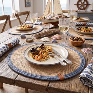 Coastal table setting with oval jute placemats with a blue stripe border, seafood pasta on cream plates, white wine, seashells and a model sailboat by a window looking out to sea
