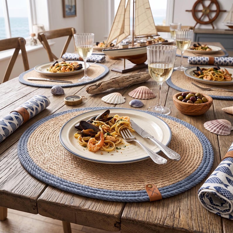 Coastal table setting with oval jute placemats with a blue stripe border, seafood pasta on cream plates, white wine, seashells and a model sailboat by a window looking out to sea