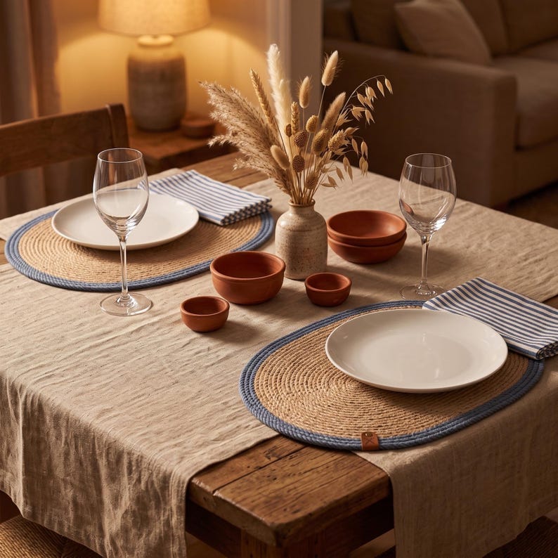 Two oval jute placemats with a blue stripe border on a linen tablecloth, set with white plates, wine glasses, terracotta bowls and dried grasses in a stoneware vase under warm lamplight