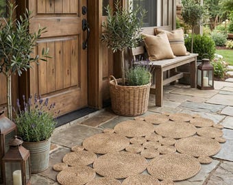 Ręcznie robiony owalny dywanik z juty, naturalna pleciona wycieraczka, wystrój rustykalny