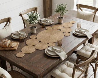 Ręcznie robiony bieżnik z juty, pleciony element centralny w stylu boho