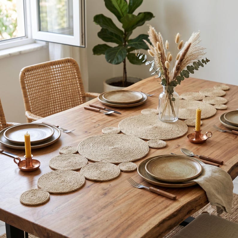Light oak dining table laid with a coiled jute runner, sage plates, copper candle holders and a glass vase of pampas and eucalyptus beside a rattan chair