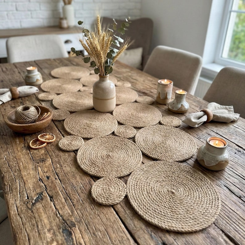 May include: A wooden table displays woven jute placemats and coasters. A beige vase holds wheat and eucalyptus. Candles and a wooden bowl with twine enhance the natural decor. The table setting includes a napkin and ring.