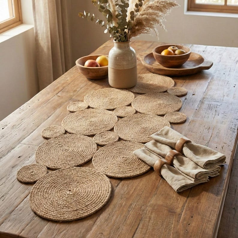 May include: A natural-toned dining table setting with a jute table runner and circular placemats. Linen napkins with wooden ring holders are arranged alongside. A vase with dried flowers and wooden bowls with fruit complete the rustic decor.