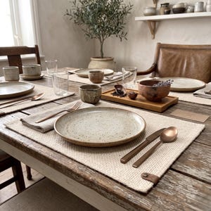 Puede incluir: Una mesa puesta con platos de cerámica moteada, cubiertos de tono cobre y servilletas de lino sobre manteles individuales texturizados. El conjunto incluye tazas de cerámica, vasos de cristal y una bandeja de madera con un cuenco pequeño.