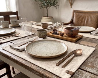 Beige Real Jute Burlap Placemat, Rectangular Table Mat, Japandi Modern Farmhouse Decor
