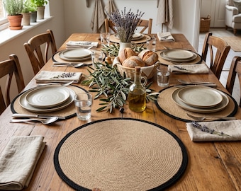 Round Jute Placemats, Black Trim, Modern Farmhouse Boho Dining Mats